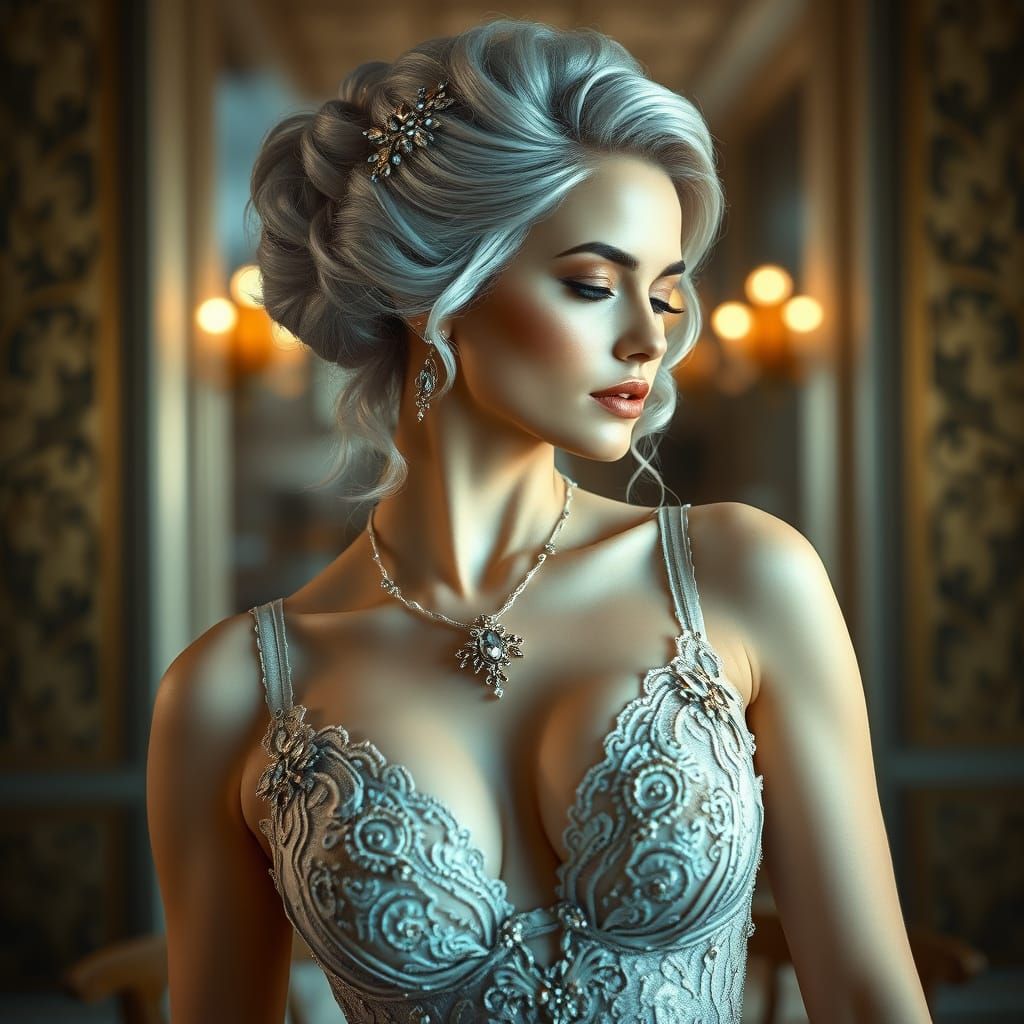 Elegant Silver-Haired Woman in Opulent Art Nouveau Style