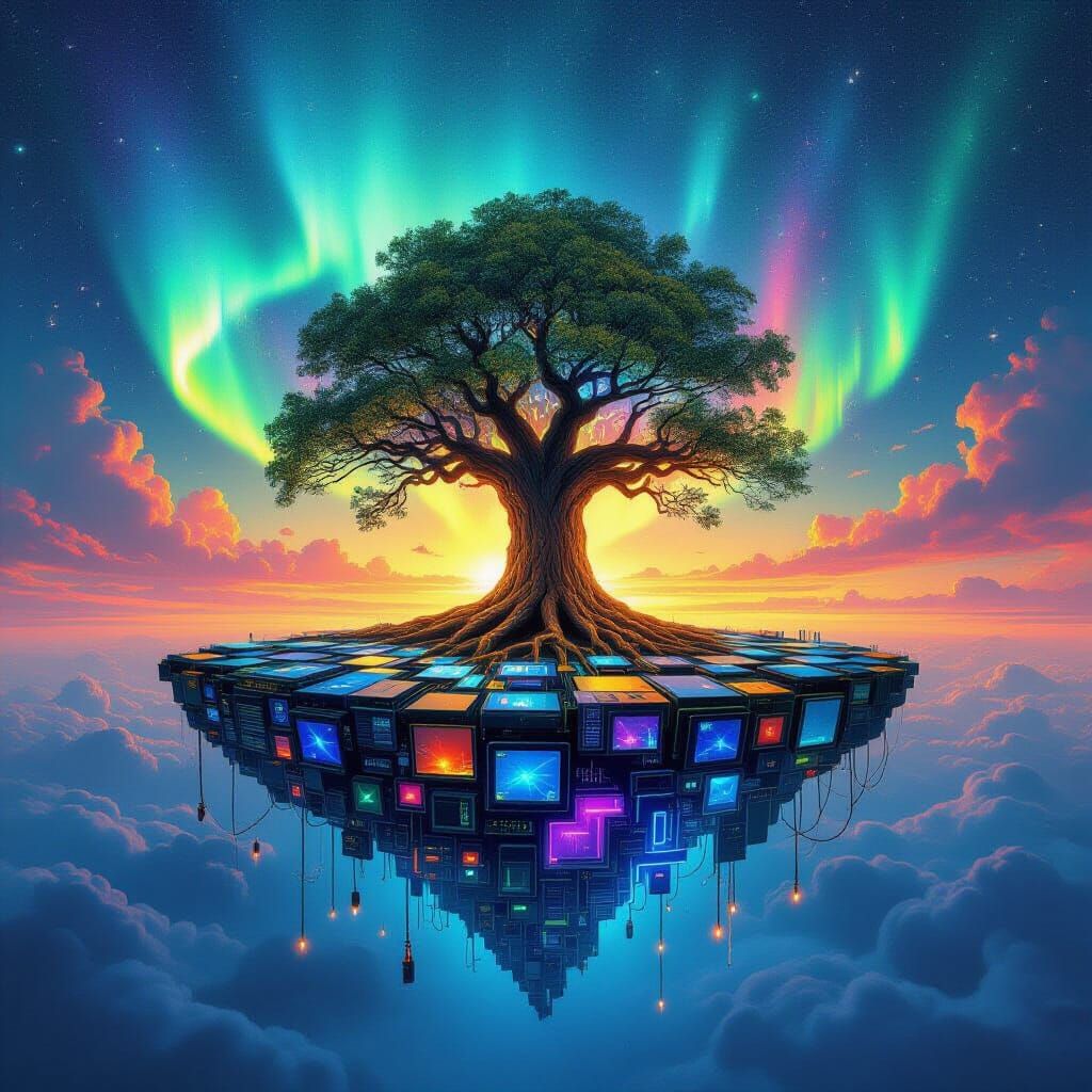 Surreal Tree Grows From Motherboard Island Under Digital Aur...