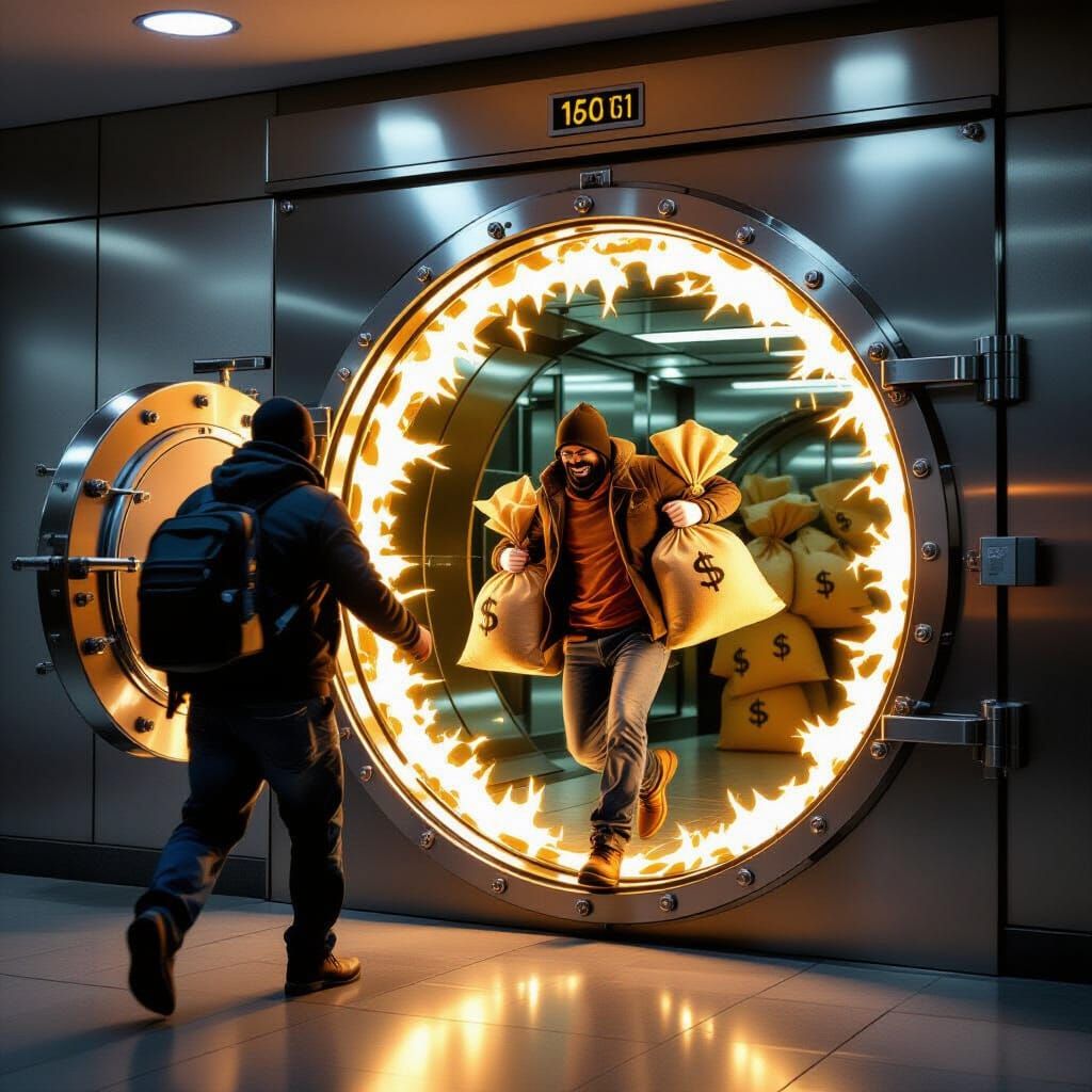 Robber Escapes Through Glowing Portal in Bank Vault