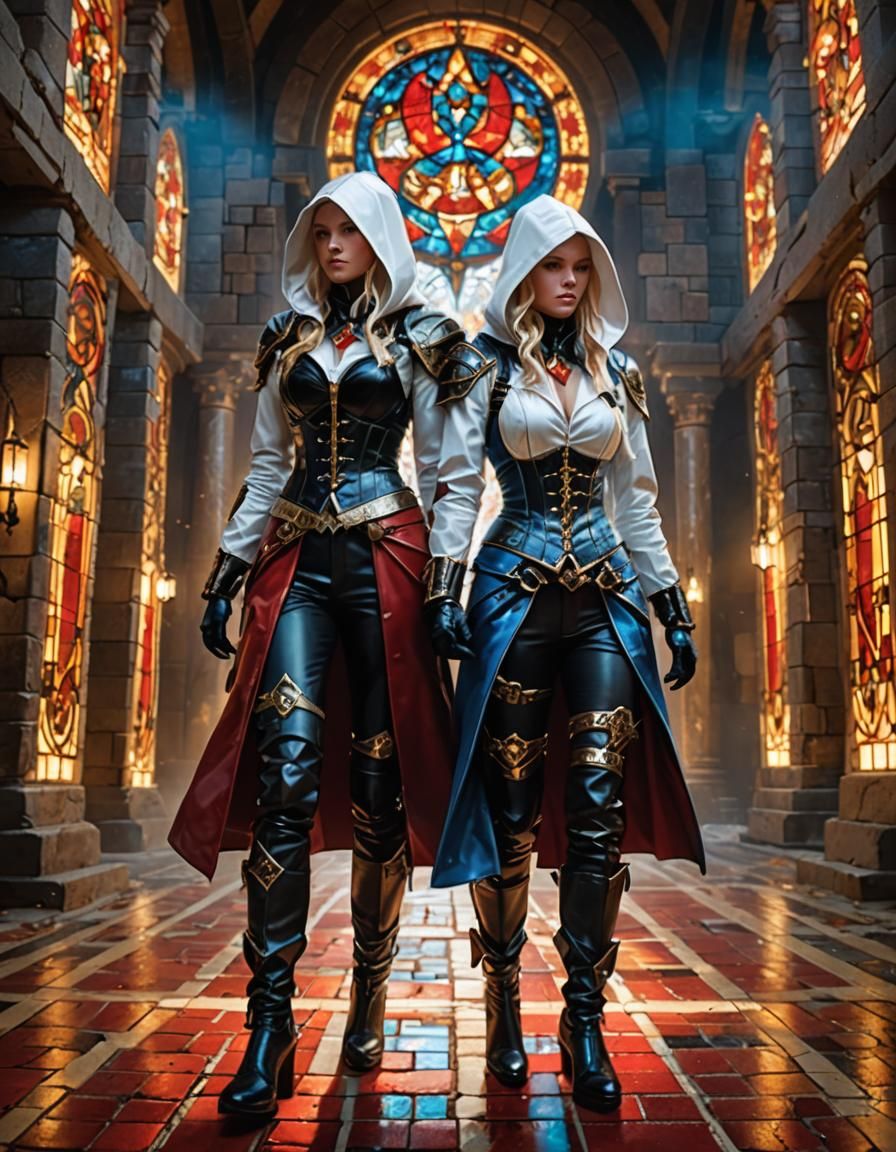 Fantasy Assassins in Ancient Temple, Hyper-Realistic Concept...