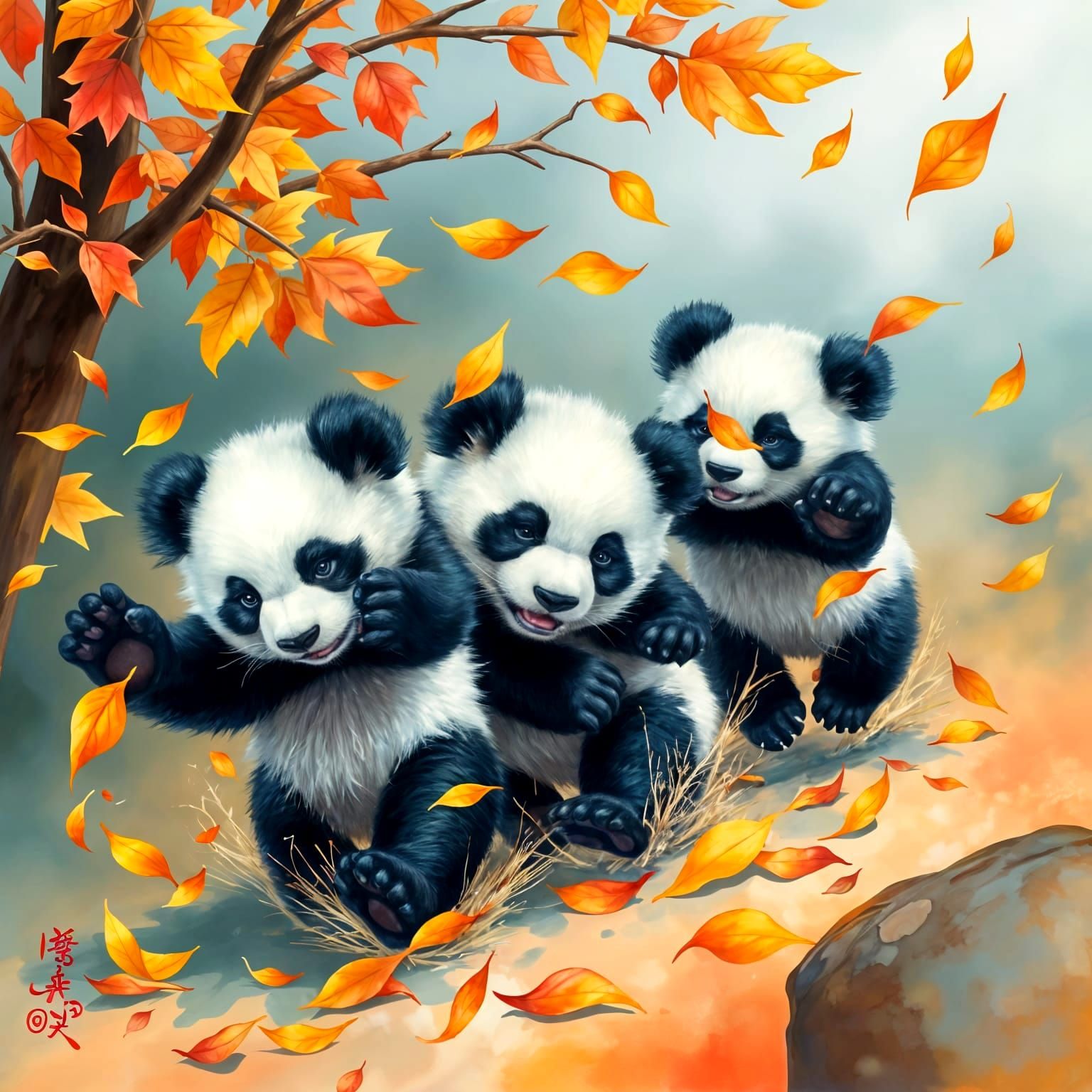 Playful Panda Cubs Amidst Autumn Leaves