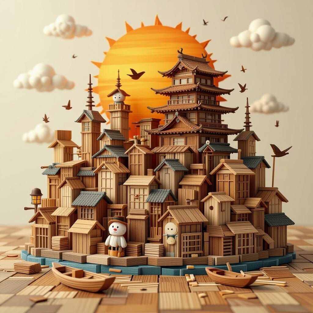 Whimsical Wooden Japanese City in 3D