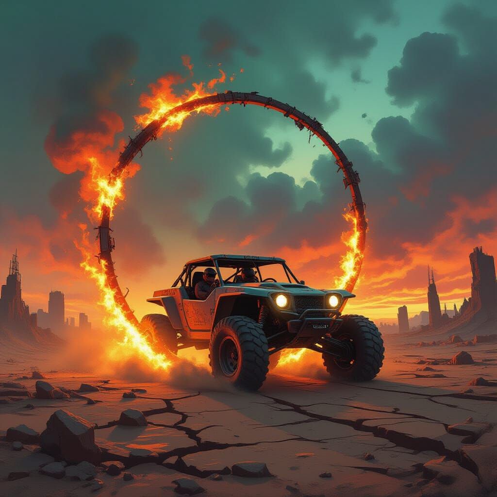 Post-Apocalyptic Dune Buggy Jumps Fiery Hoop in Digital Pain...