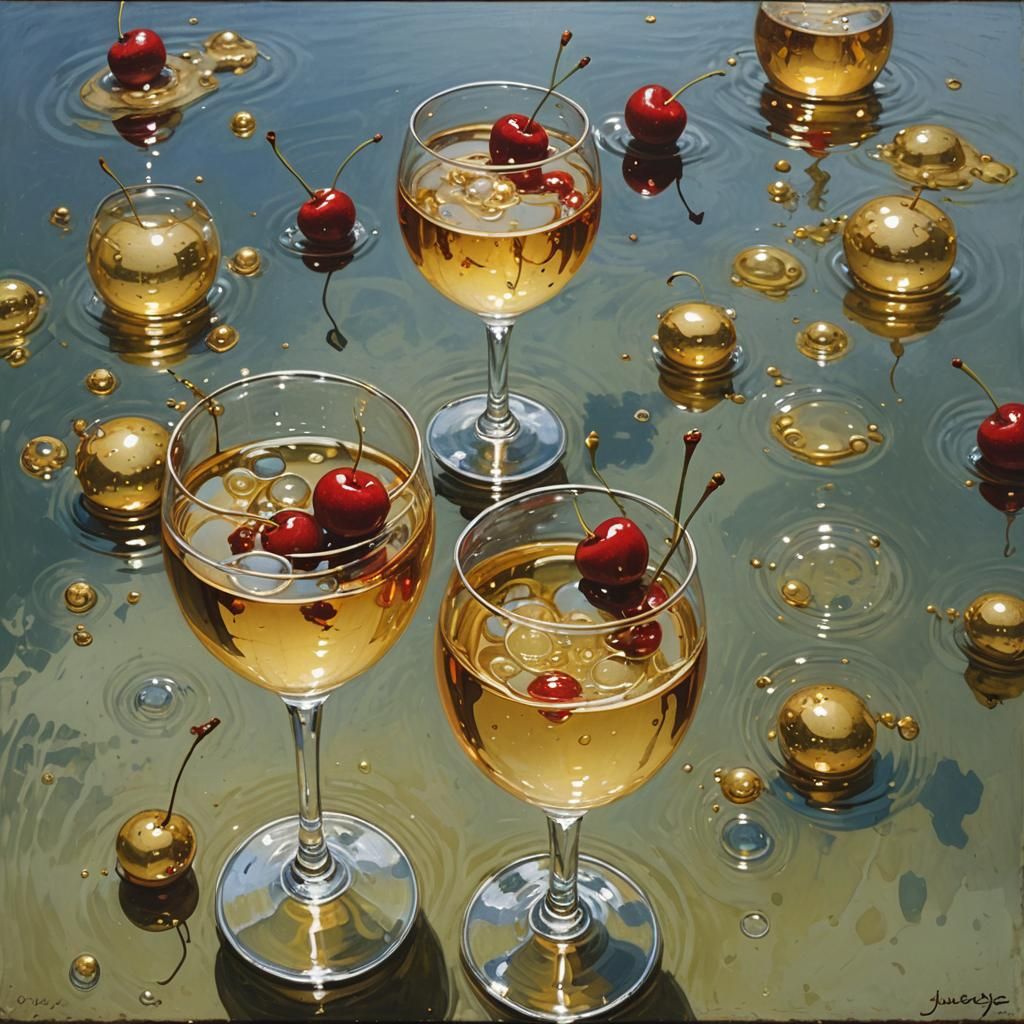 Golden with silvery bubbles and a cherry floating in it. The...