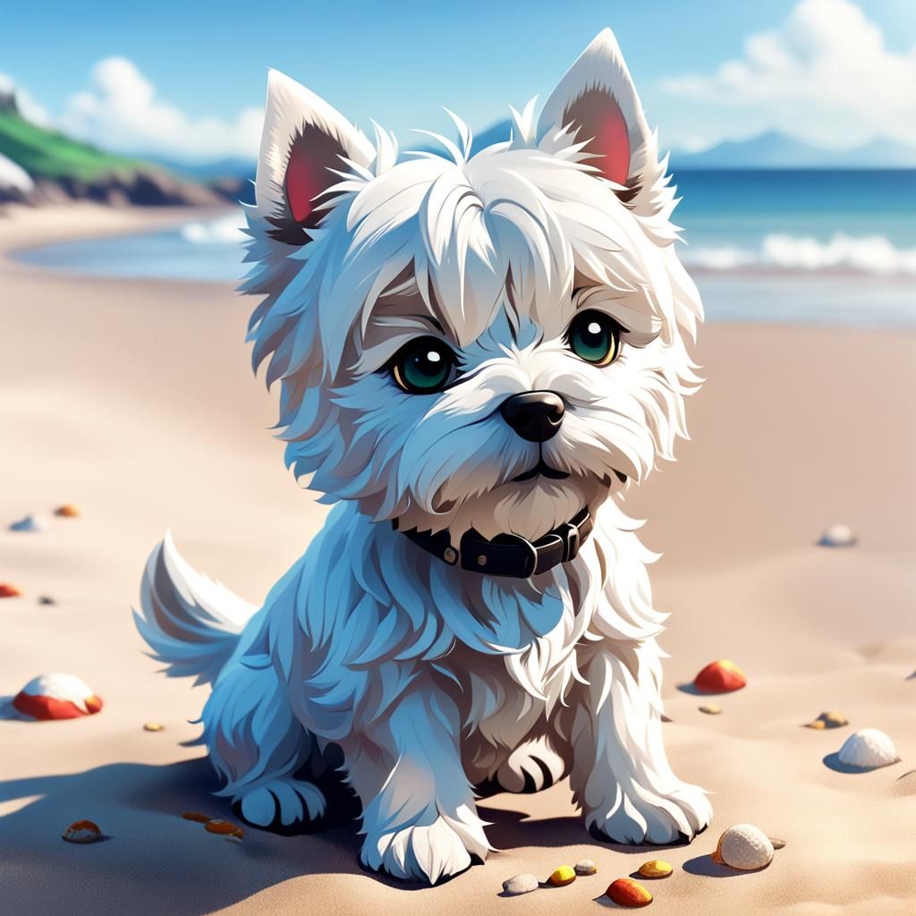 Chibi Westie on the Beach: 3D Anime Art