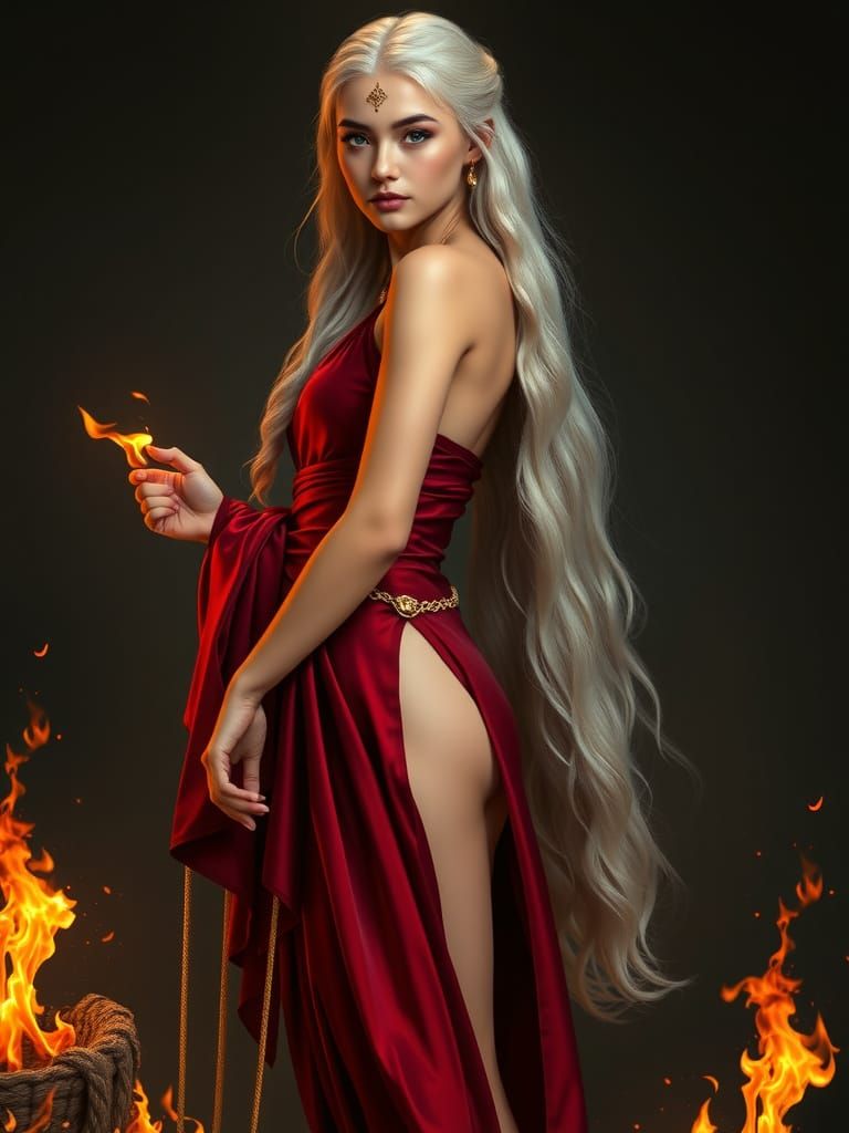 Regal Portrait of Princess Maelyra Targaryen in Crimson Silk...