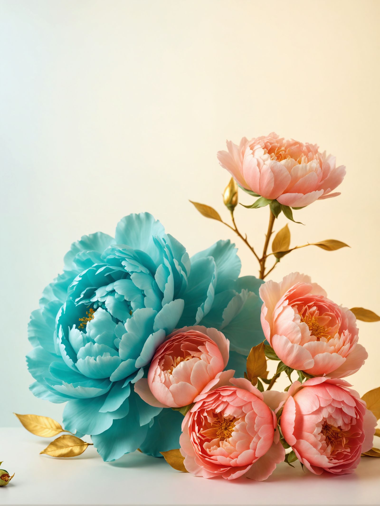 Teal Peonies and Coral Roses in Pastel Light