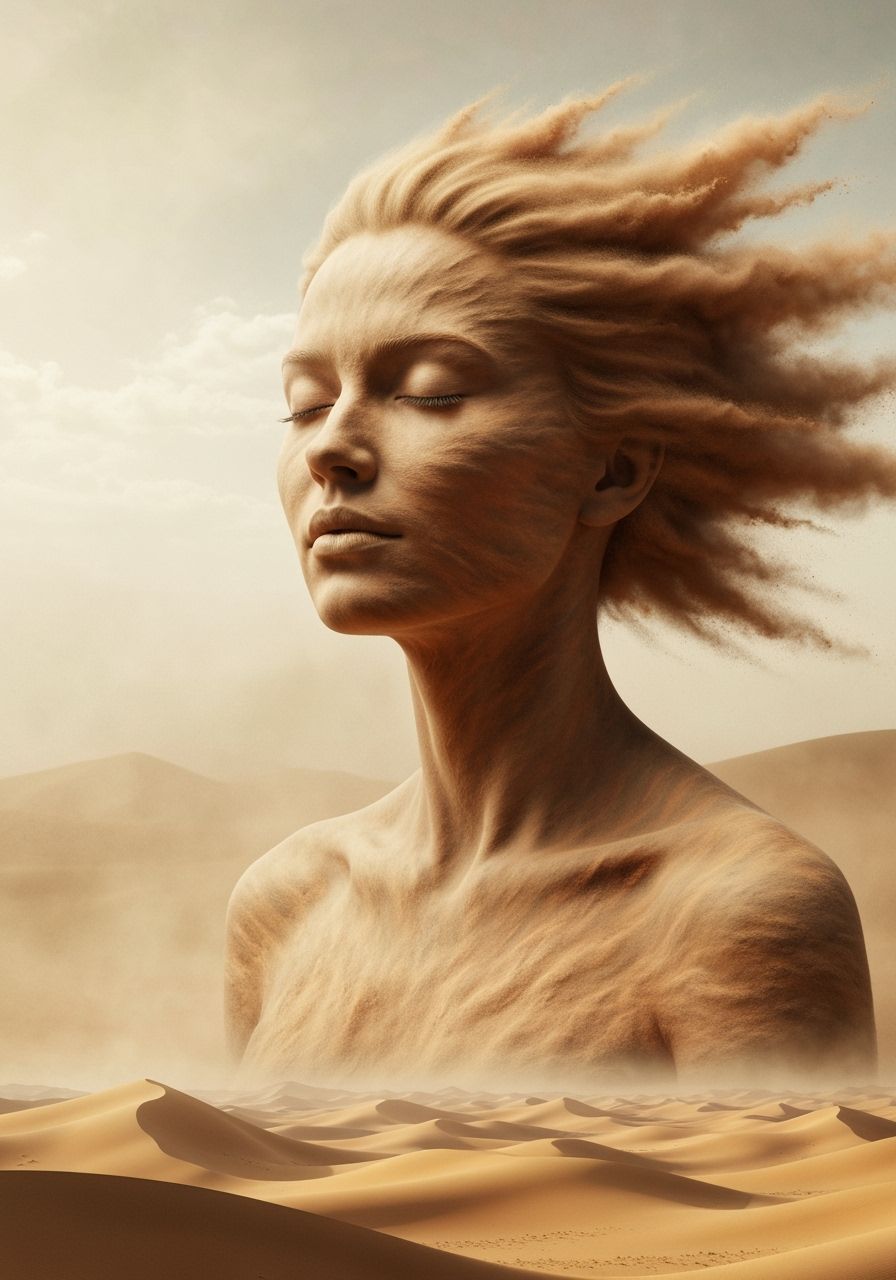 Serene Woman Made of Desert Dust in Surreal Landscape