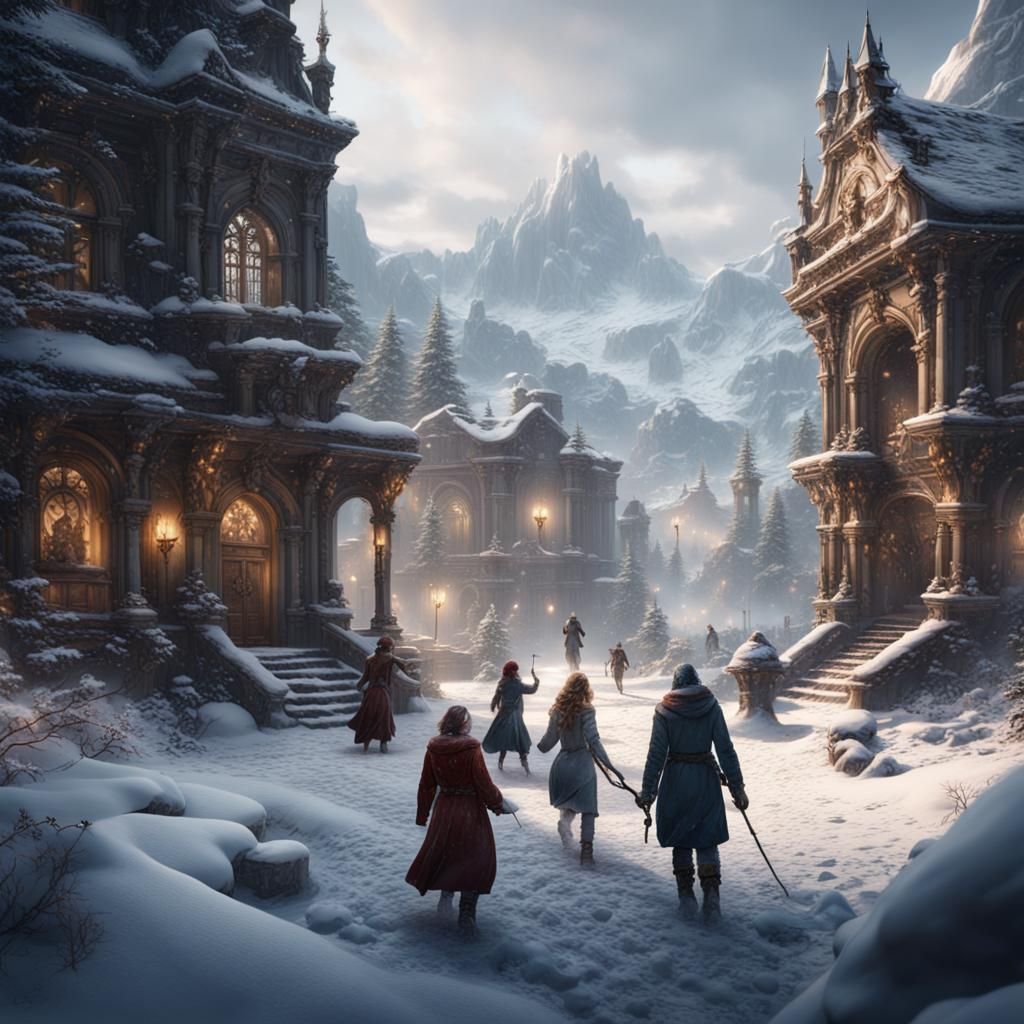 Winter Village Scene in Detailed Matte Painting