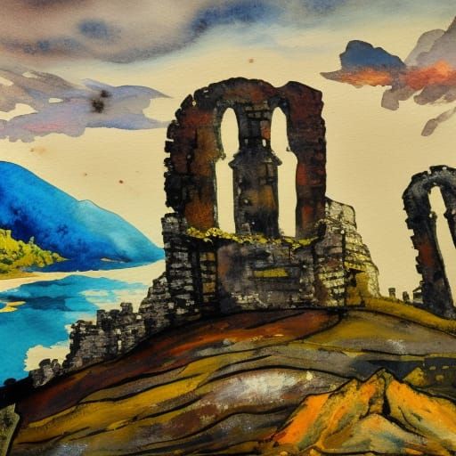 Ruined Castle in Gouache Watercolor Style