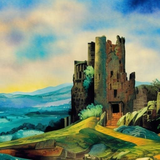 Ruined Castle in Gouache Watercolor Style