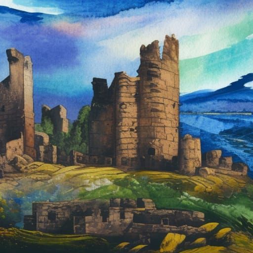 Ruined Castle: Gouache and Watercolor Impressionism