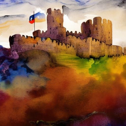 Ruined Castle in Gouache Watercolor Style