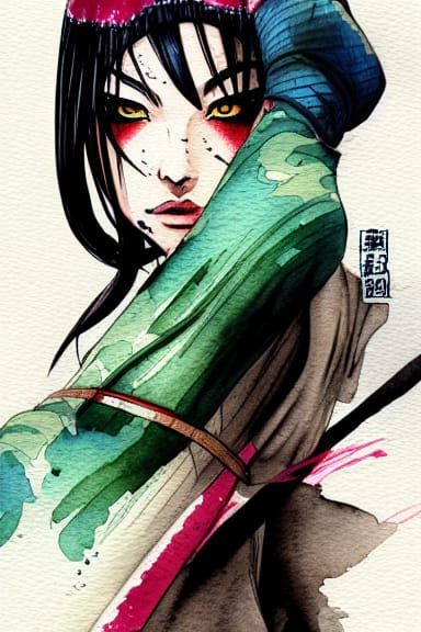 Watercolor Kunoichi Girl with Scars in Comic Art Style