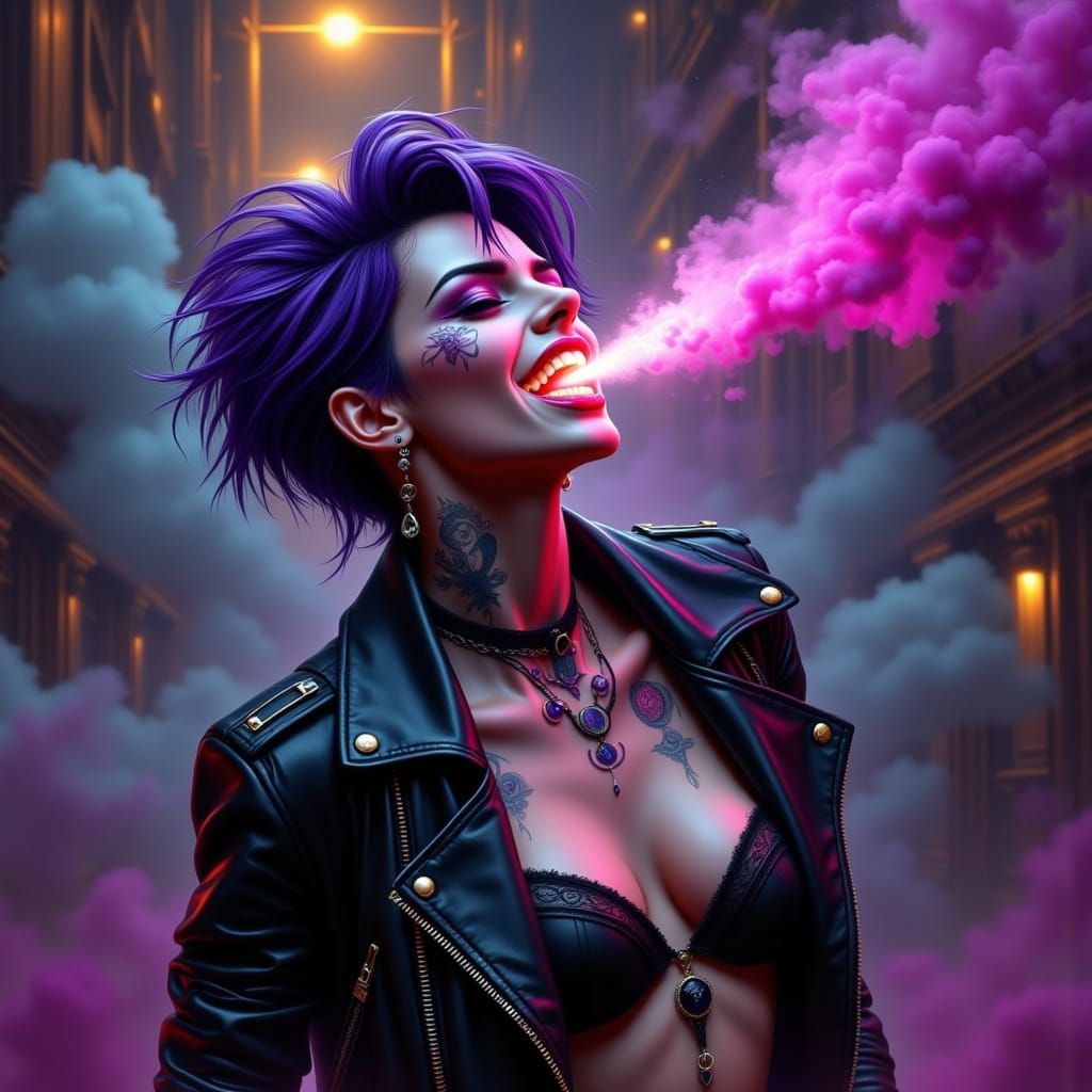 Cyberpunk Fae Witch Breathes Fire in Neon City