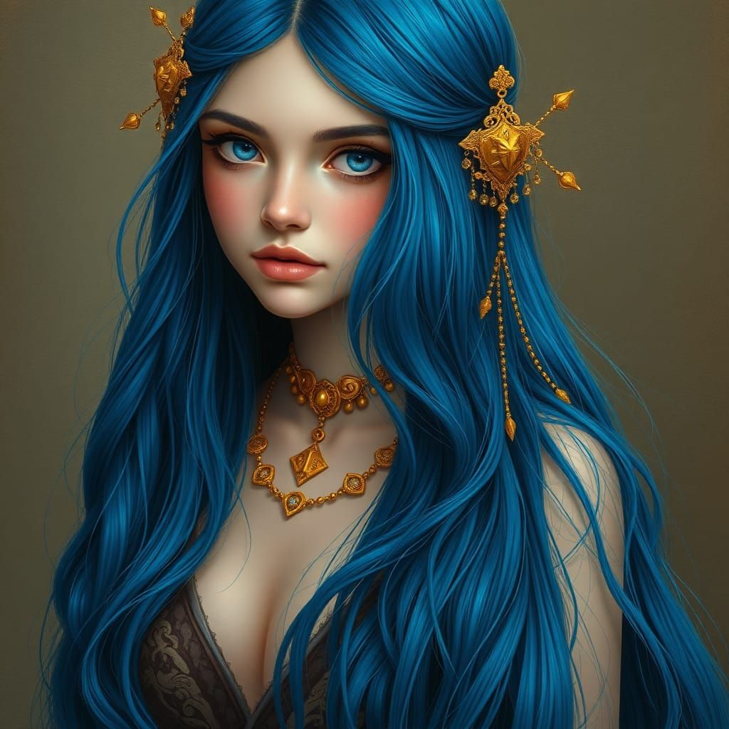 Mysterious Blue-Haired Woman in Gold Accents
