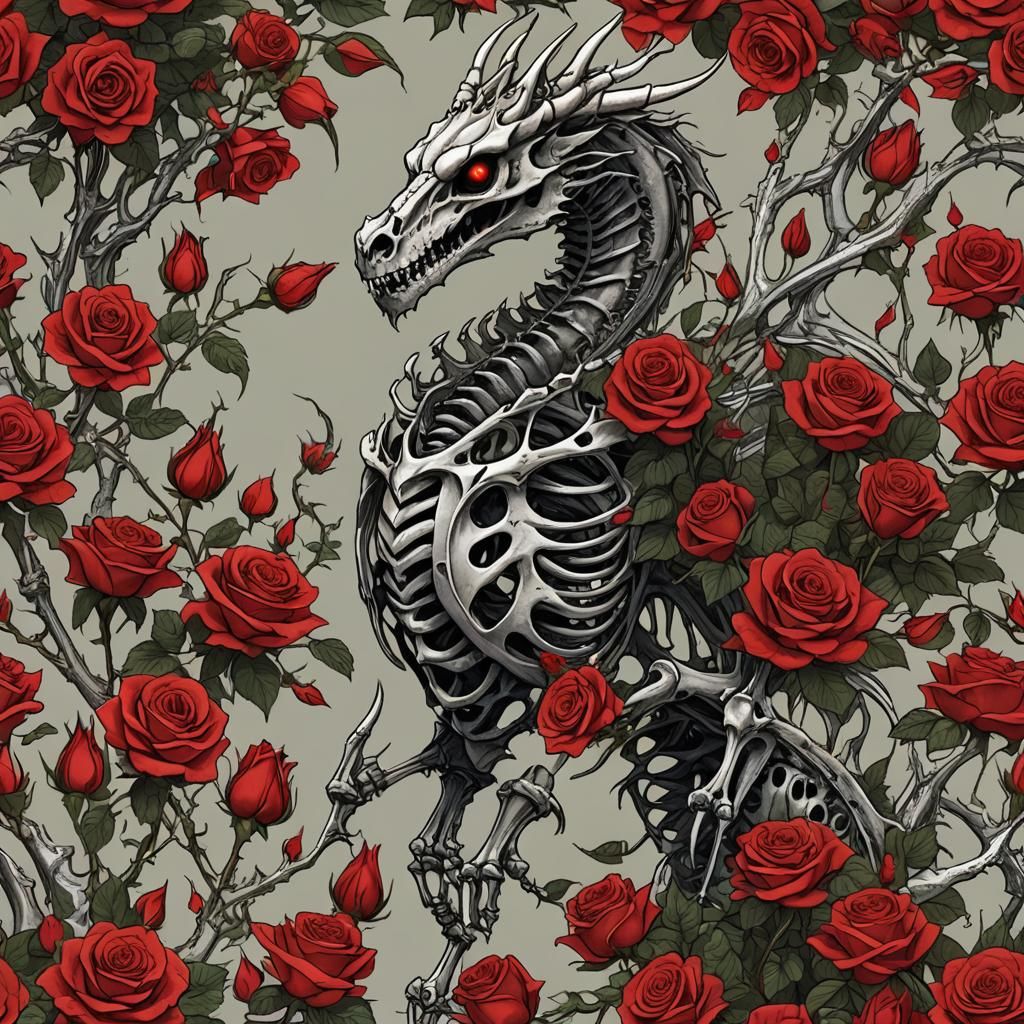 Dragon Skeleton and Red Roses