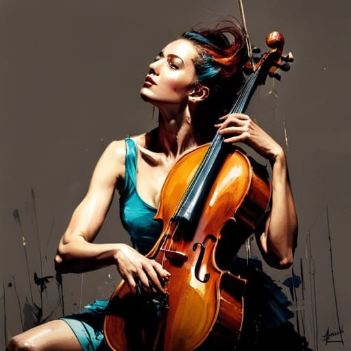 Woman Playing Cello: Textured Speedpaint Fine Art
