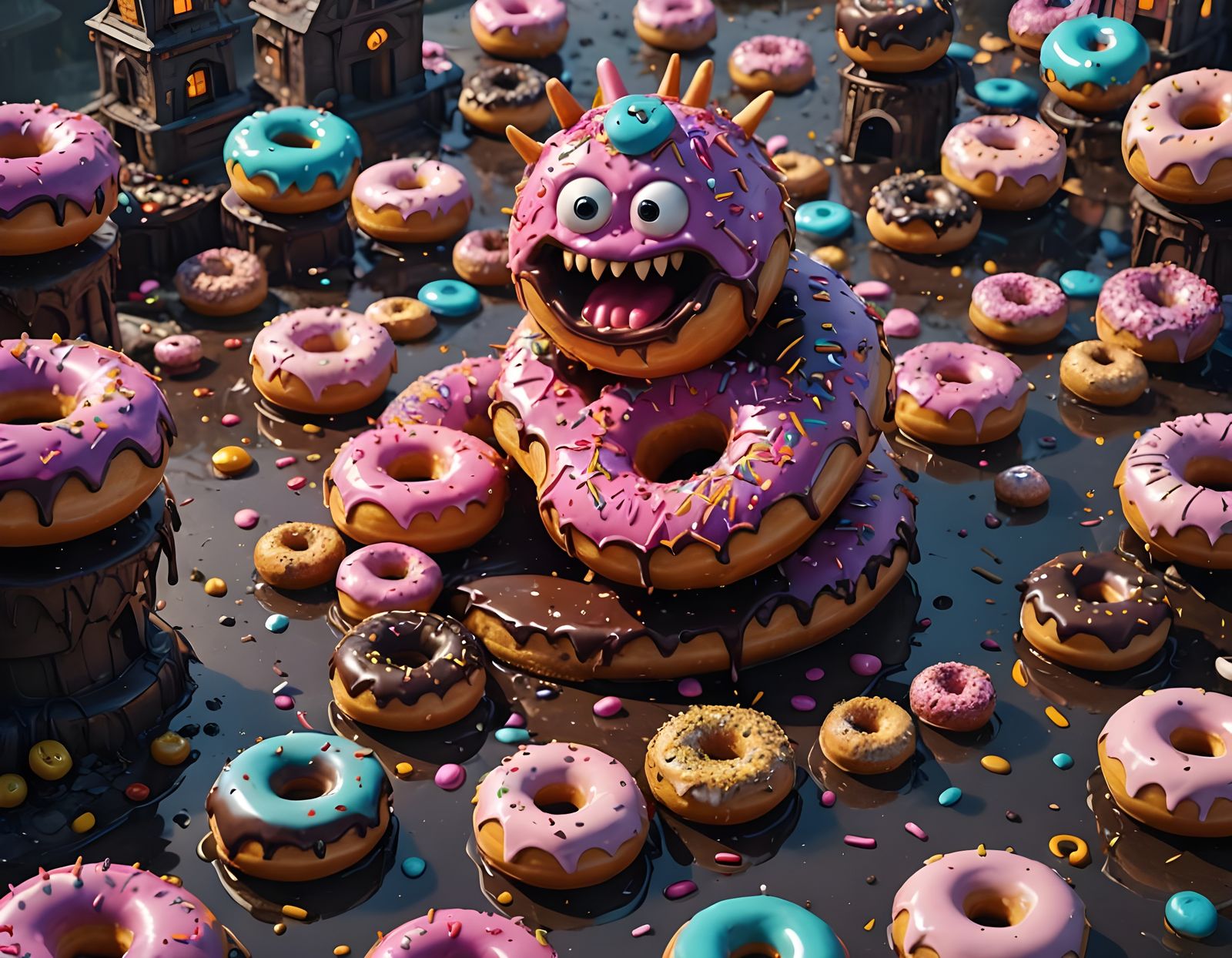 Donut Monster in Detailed Matte Painting Style