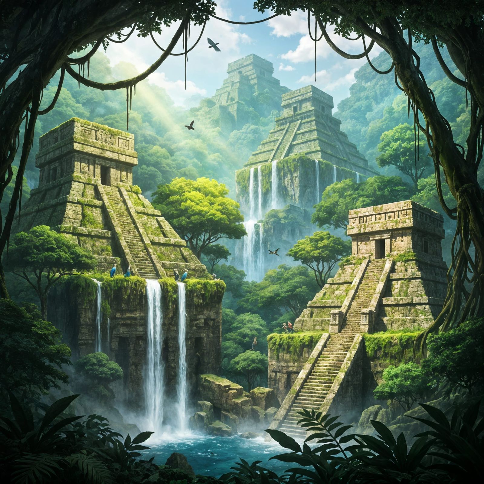 Ancient Mayan City Reclaimed by Lush Jungle in Anime Style