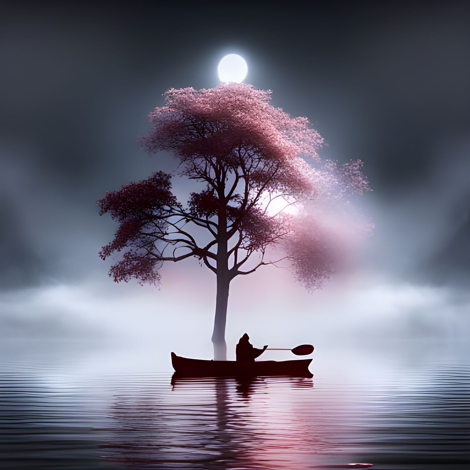 Wizard in Canoe on Foggy Lake: Ethereal Octane Render