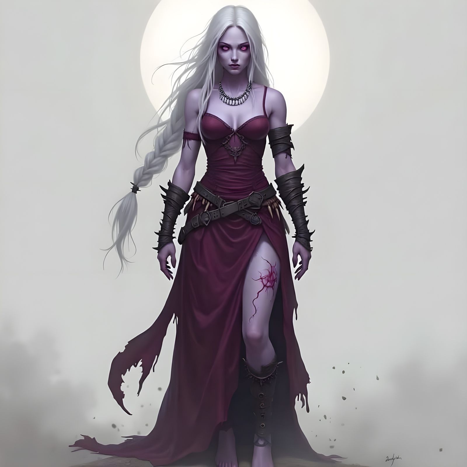 Drow Warlock Woman with Tattered Bordeax Clothes