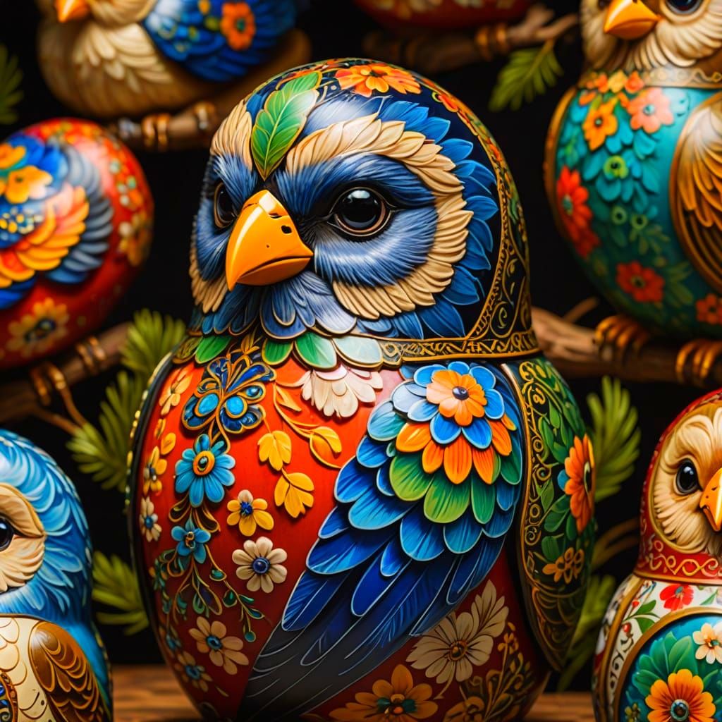 Painted Bird Matryoshka Dolls in Palekh Style