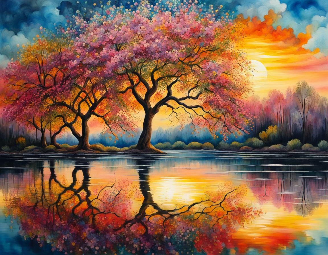Blossoming Trees Reflected in Lake: Oil and Watercolor Paint...