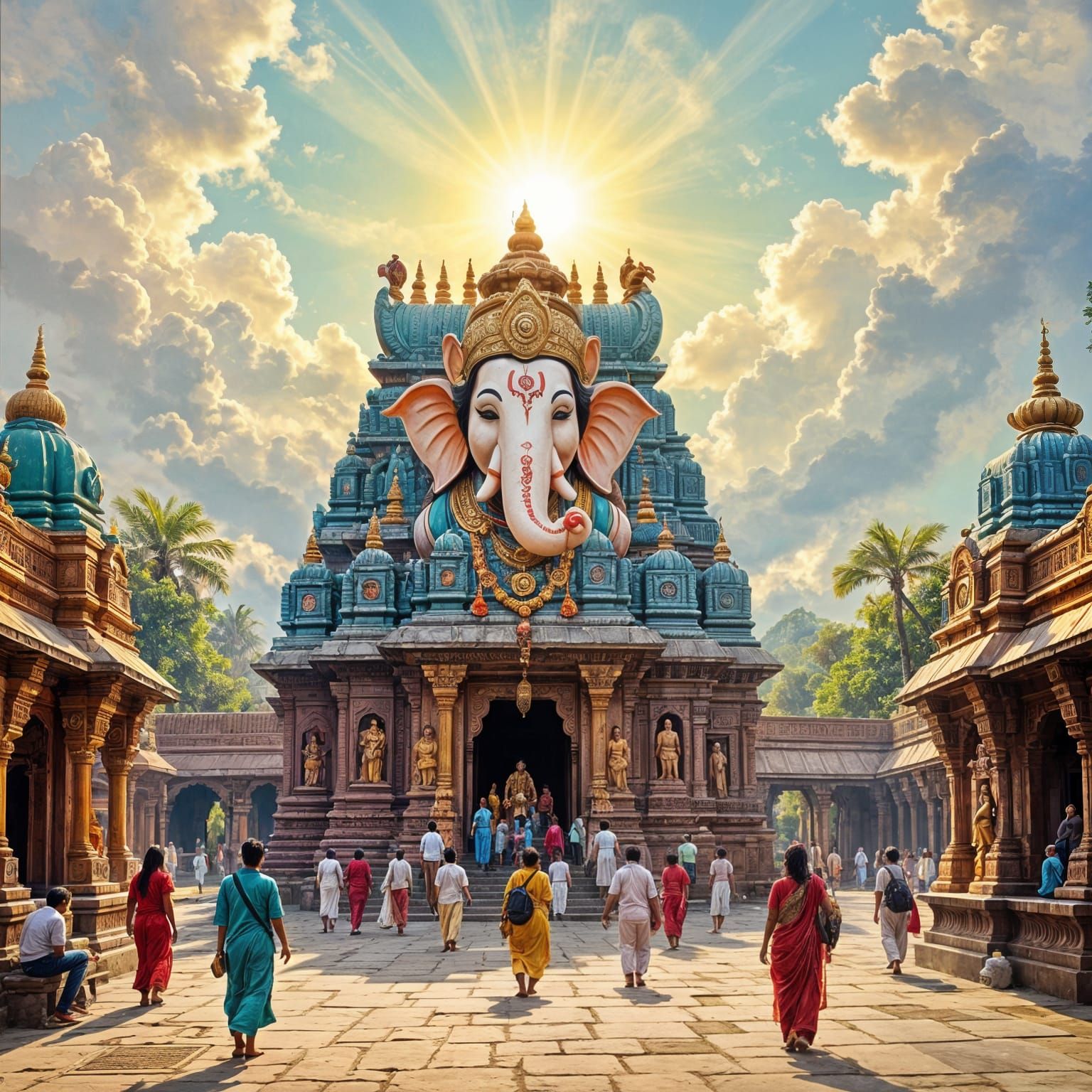Ganesh Temple Scene with Sun and Sky