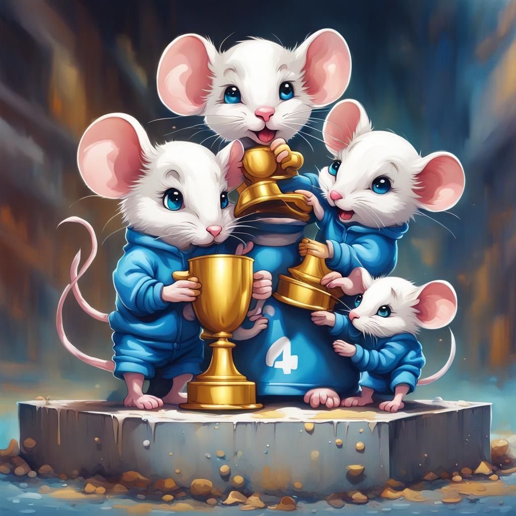 Cute Kawaii Mouse Celebrates Victory in Street Art Style