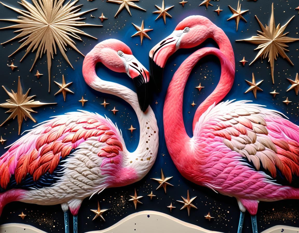 Celestial Flamingos in Luxurious, Gold-Leafed Elegance