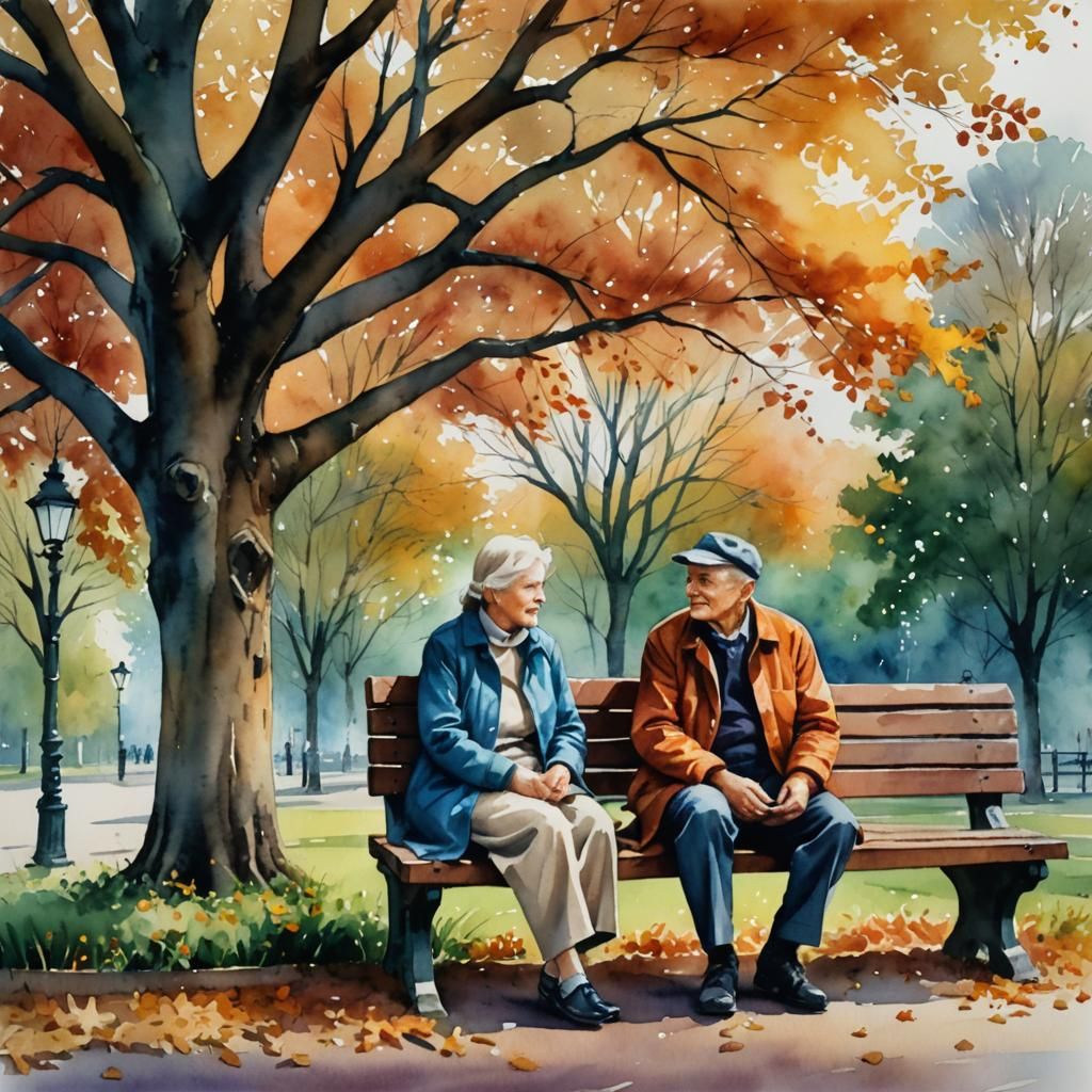 Elderly Couple in Autumn Park, Watercolor Style