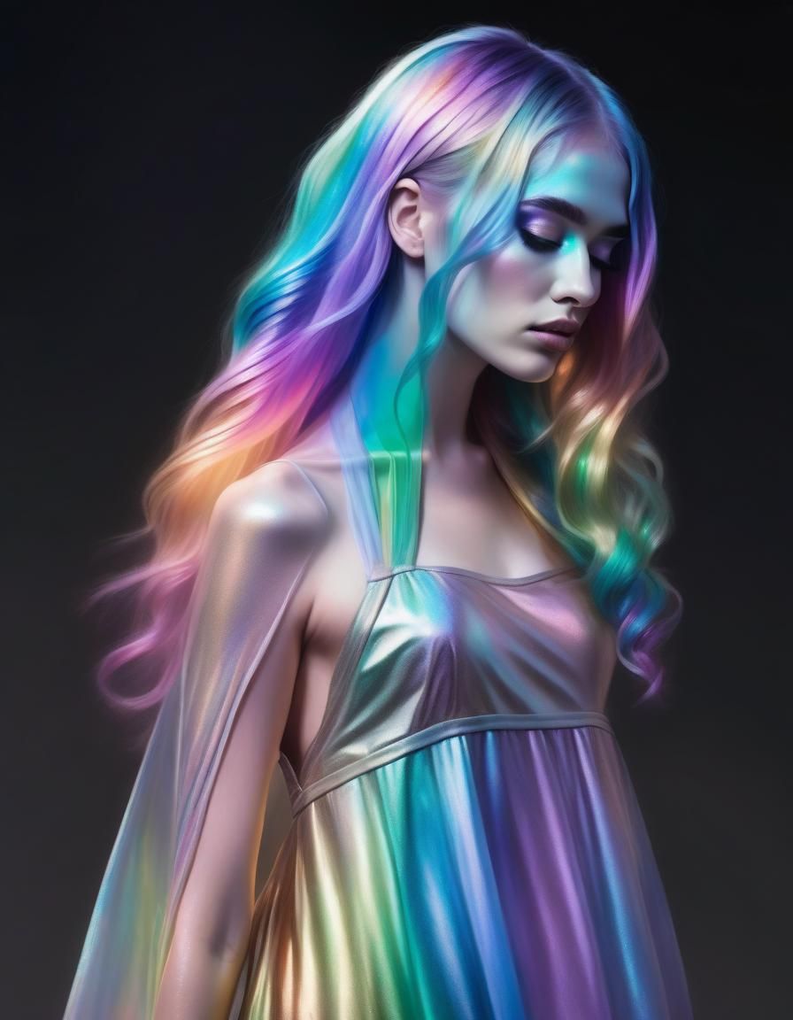 Rainbow Woman in Flowing Metallic Dress
