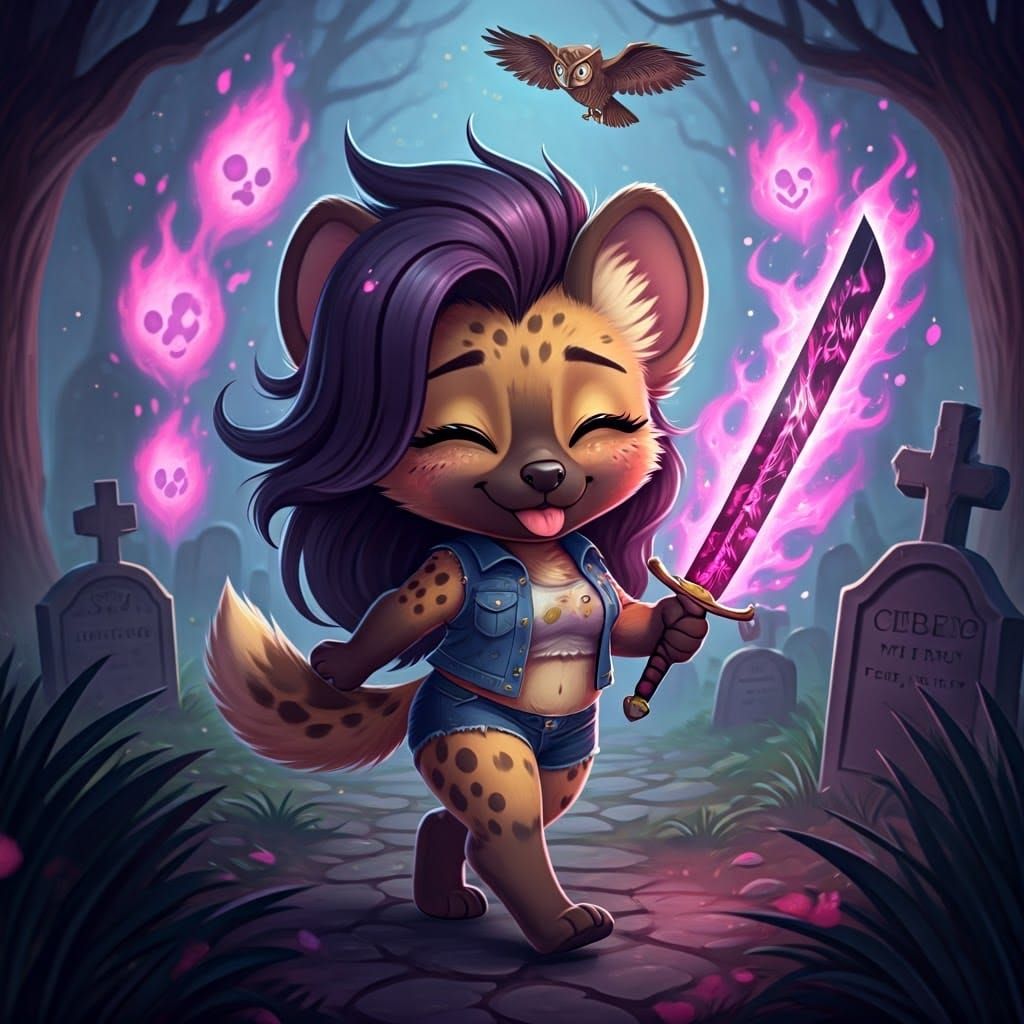 Kawaii Hyena Girl with Blazing Occult Sword
