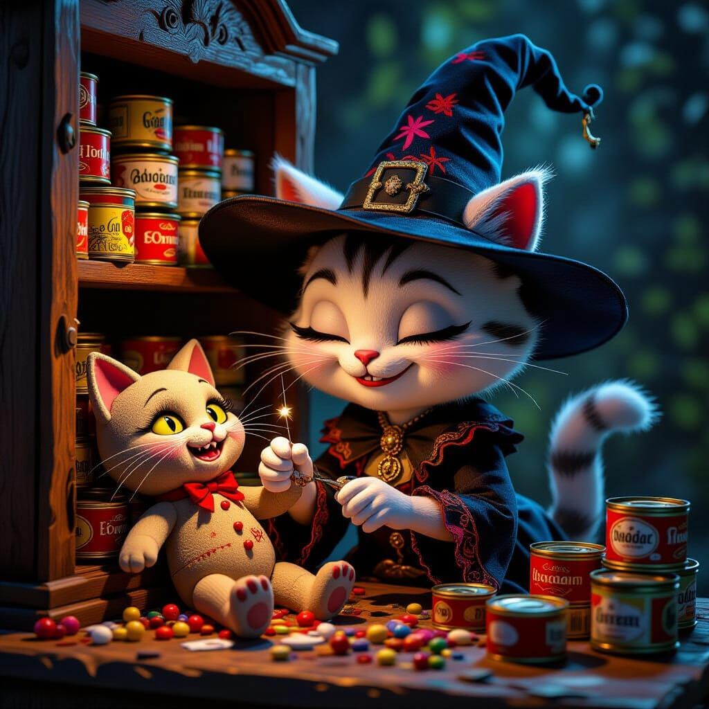 Whimsical Cat Witch with Voodoo Doll and Cat Food
