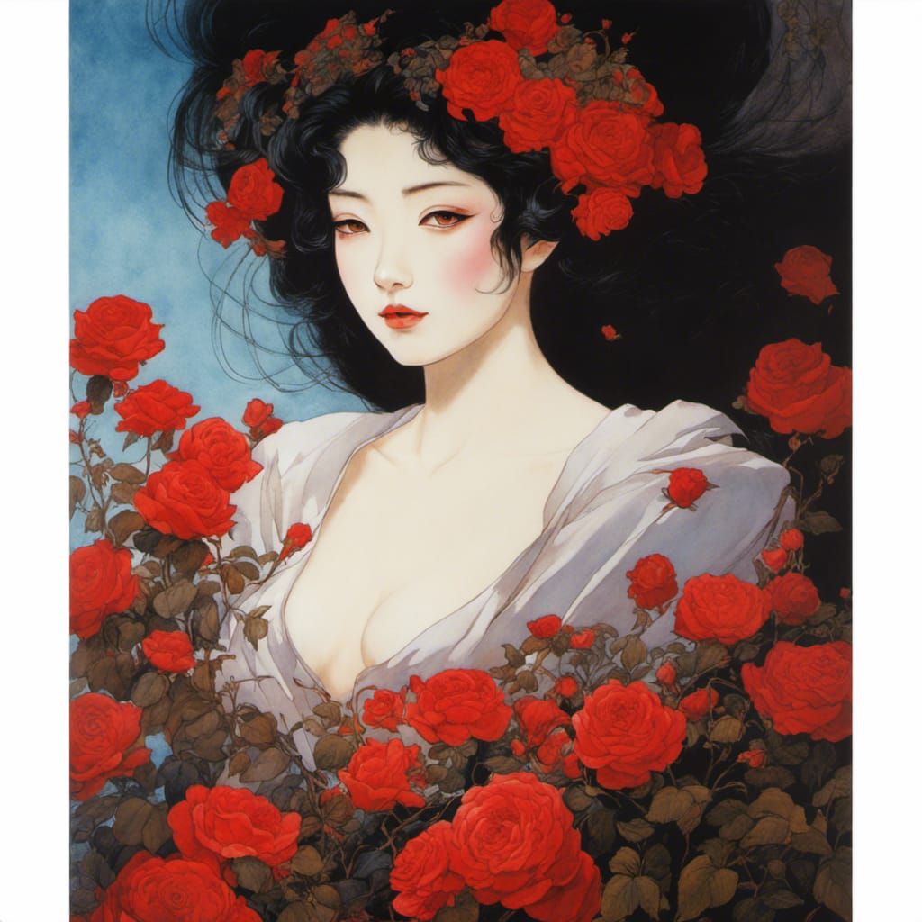 Ethereal Beauty: Woman in Roses, Amano-Inspired Art