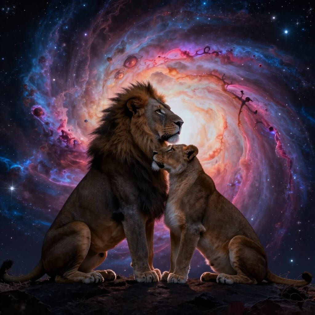 Majestic Lion Couple Embracing in Cosmic Nebula