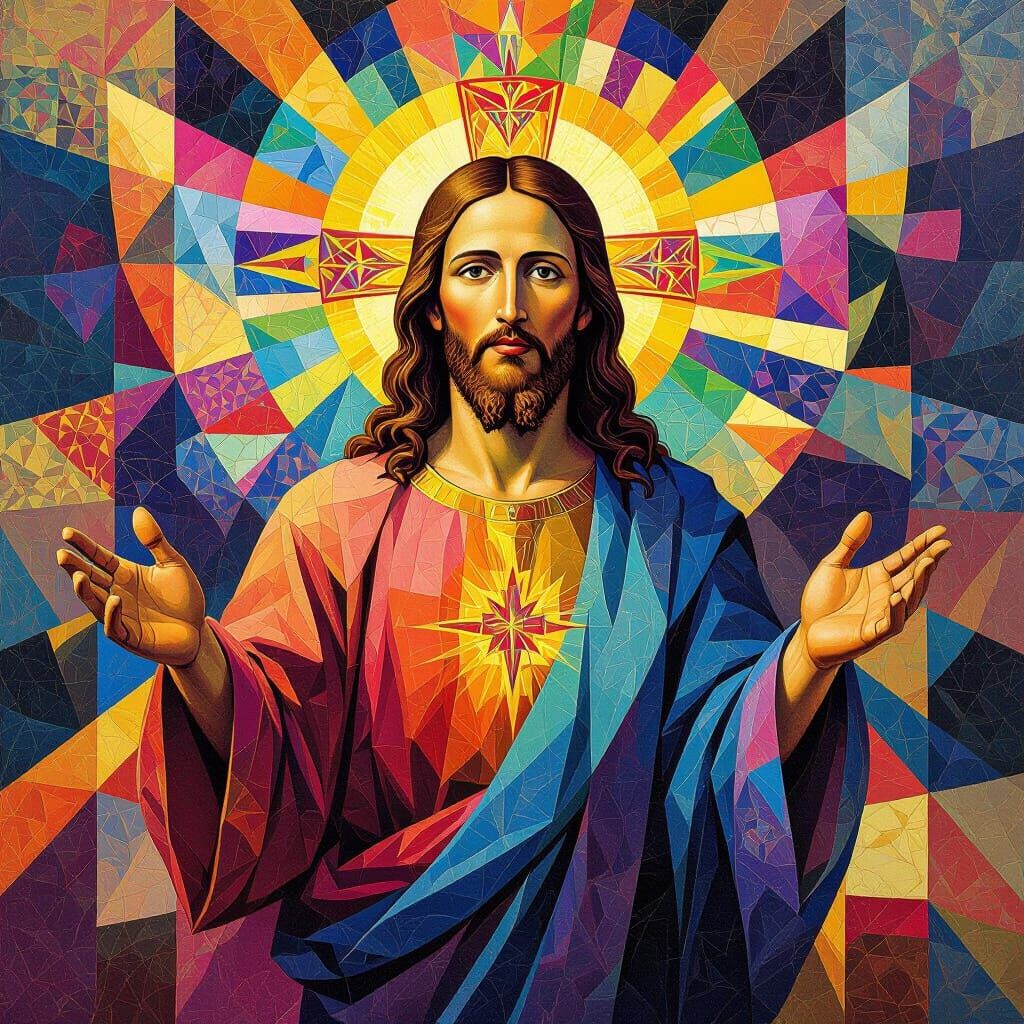 Geometric Jesus in Vibrant Op Art Style