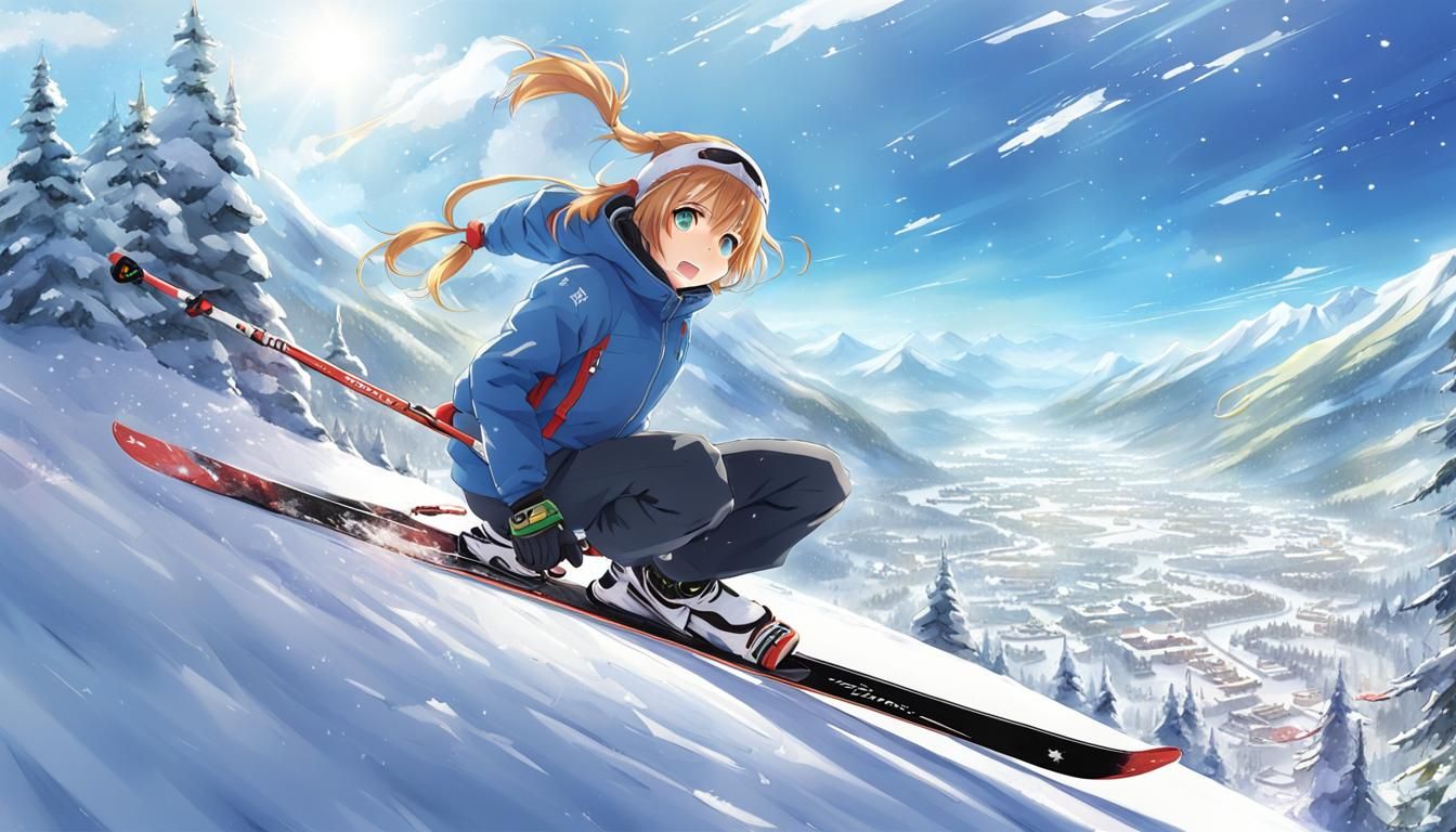 Anime Skiing Girl with Scenic Mountain View