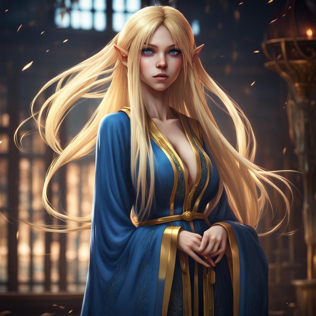 Voluptuous Anime Elf in Blue Dressing Gown
