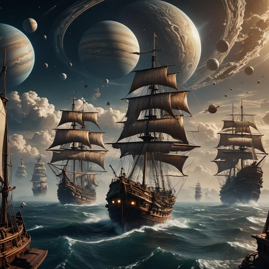 Wooden Sailships Sailing Through Saturn's Atmosphere