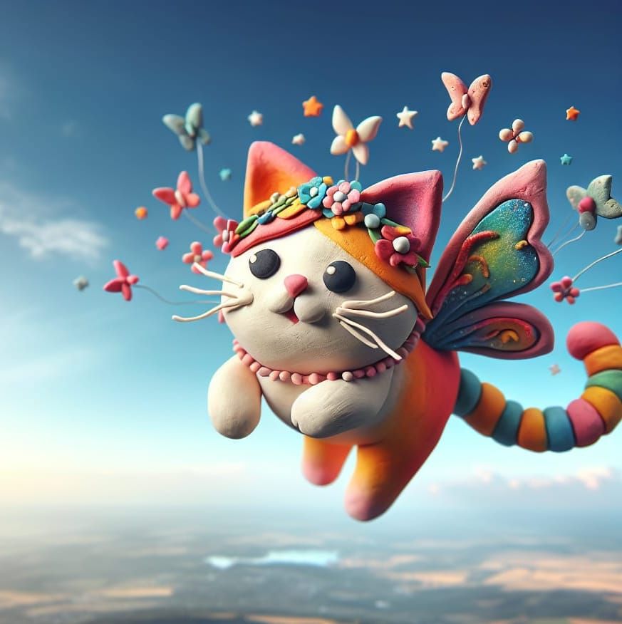 Whimsical Claymation Cat Soars Through the Sky with Fanciful...