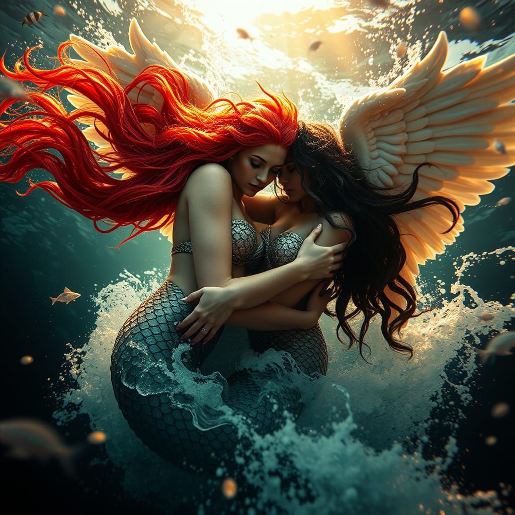 Ethereal Mermaids Embraced by Angel in Ocean Storm