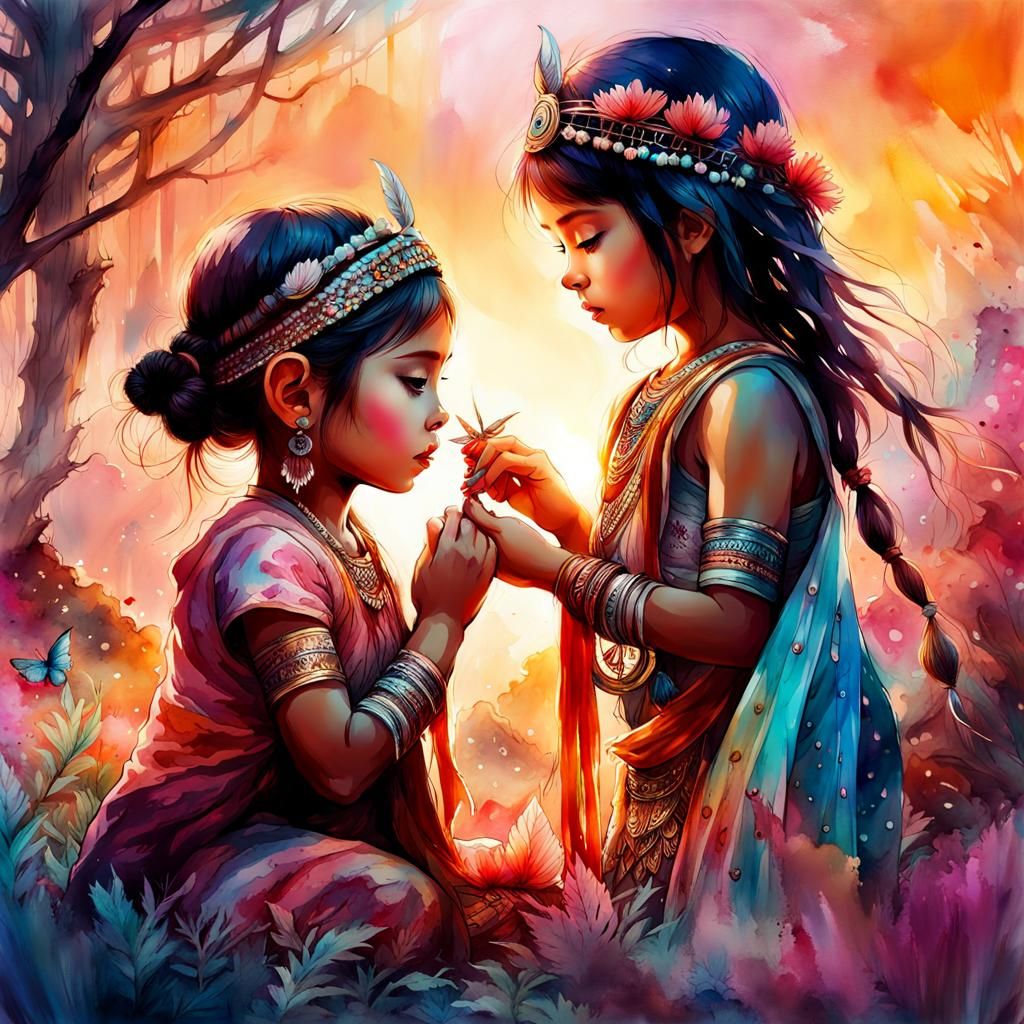 Cute Chibi Indian Girls Playing: Watercolor Art