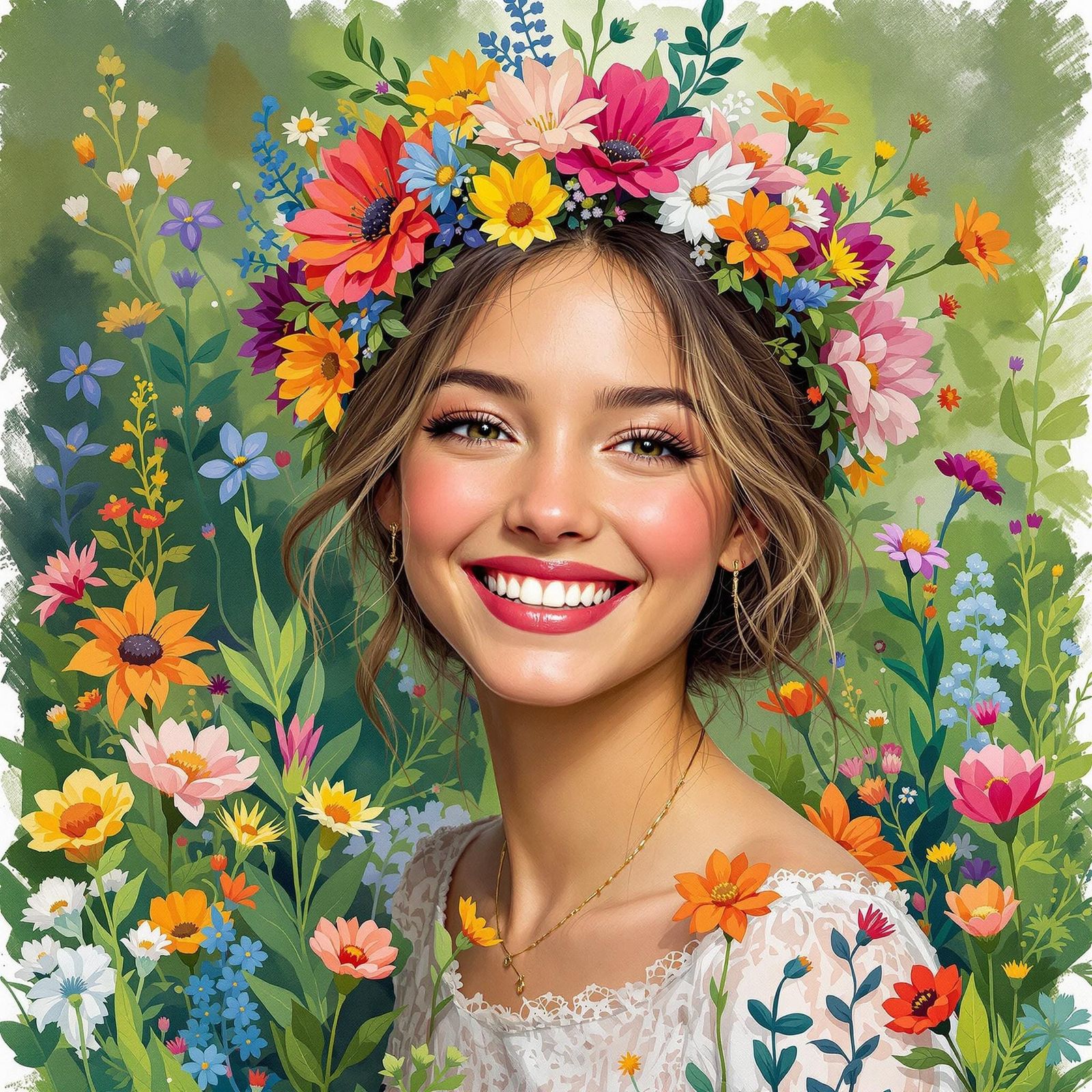 Whimsical Floral Goddess in a Dreamy Landscape