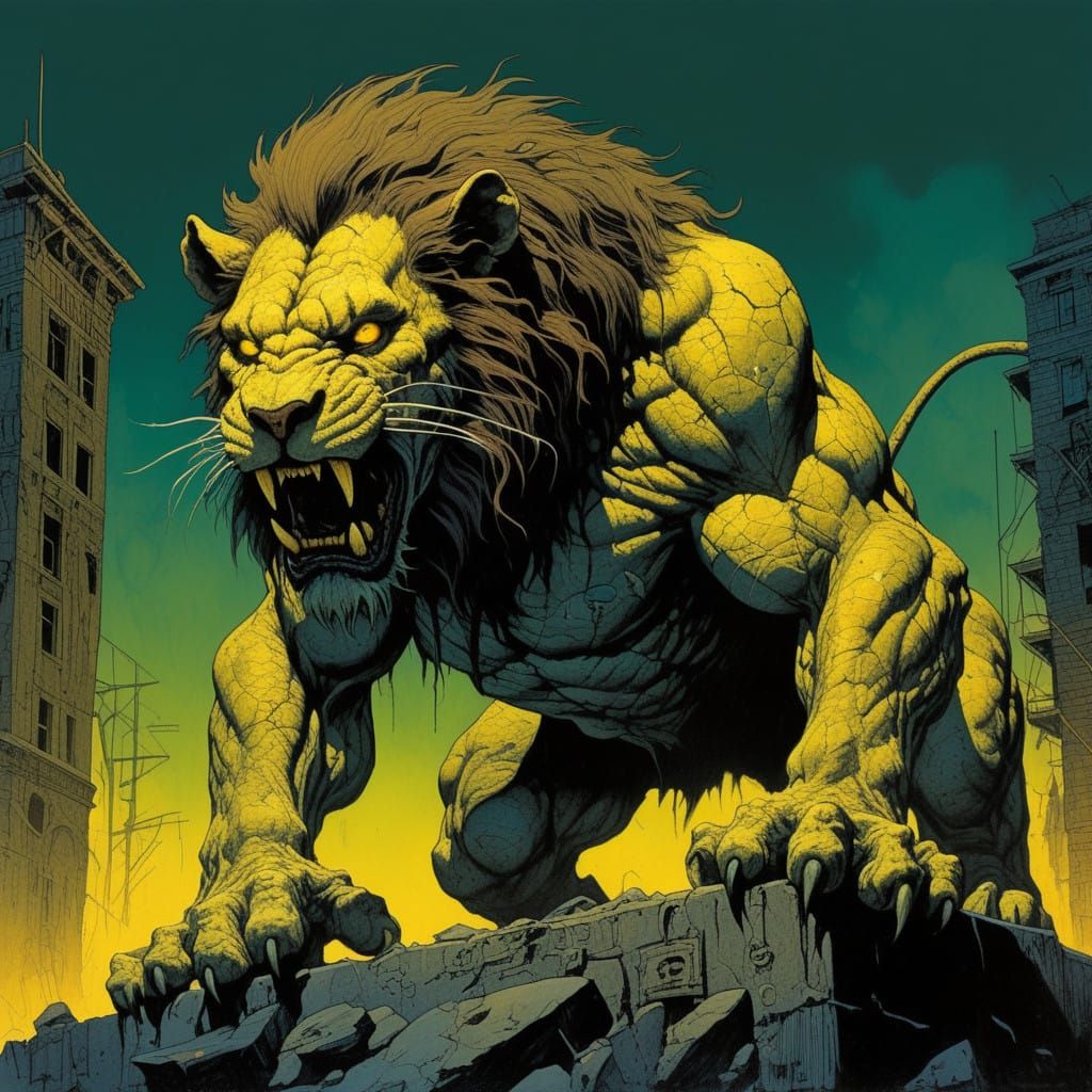 Hyper Realistic, Dark Comic Book-Style Mutant Lion