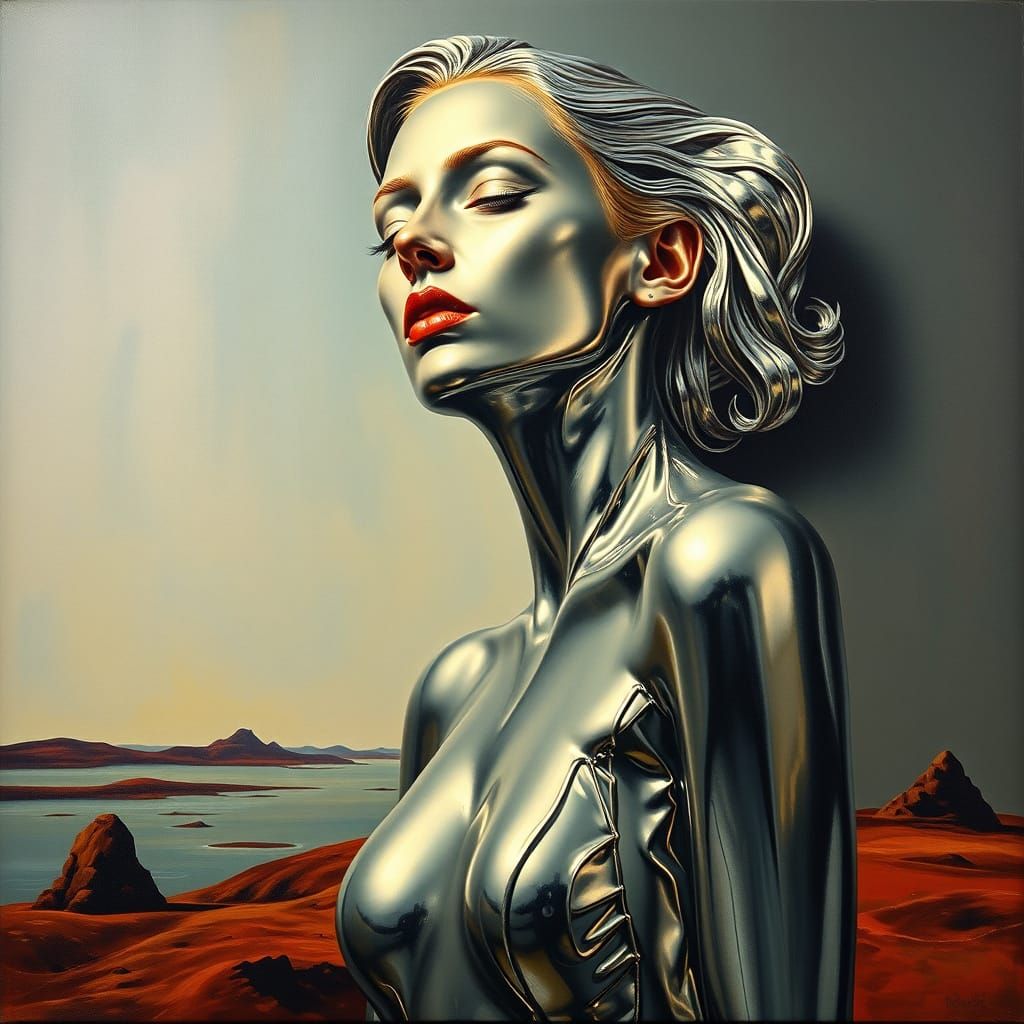 Woman in Shimmering Chrome Dripping Liquid Metal
