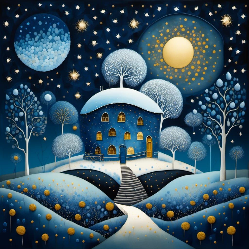 Blue Lunar Landscape in Art Brut Style