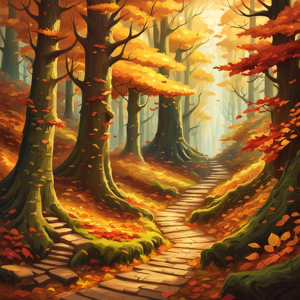 Autumn Forest Path: Hyper-Real Digital Matte Painting
