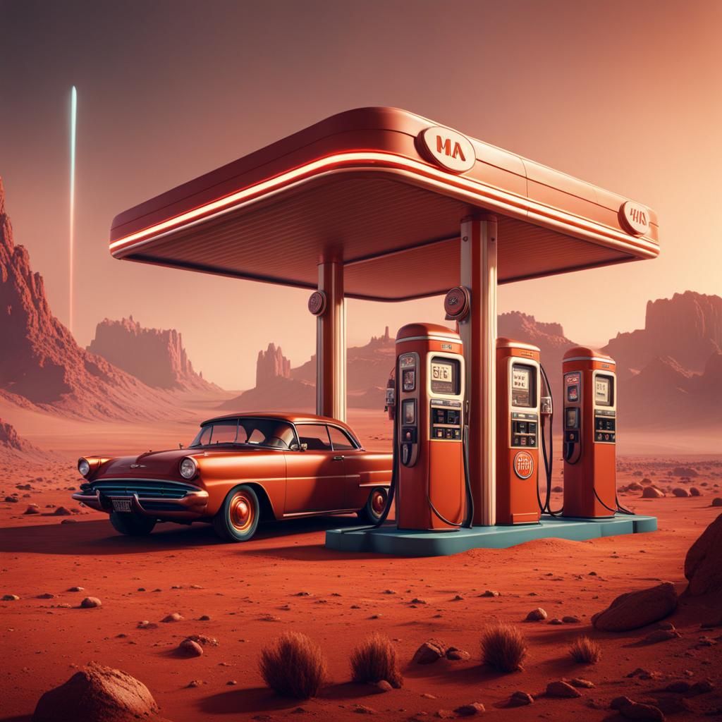 Retro Gas Station on Mars, Digital Art